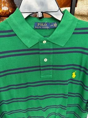 Large Polo Ralph Lauren Green Striped Polo with Yellow Pony shirt